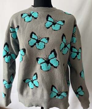 Shein Romwe Punk Rock Blue Butterfly Graphic Intarsia Knit Sweater